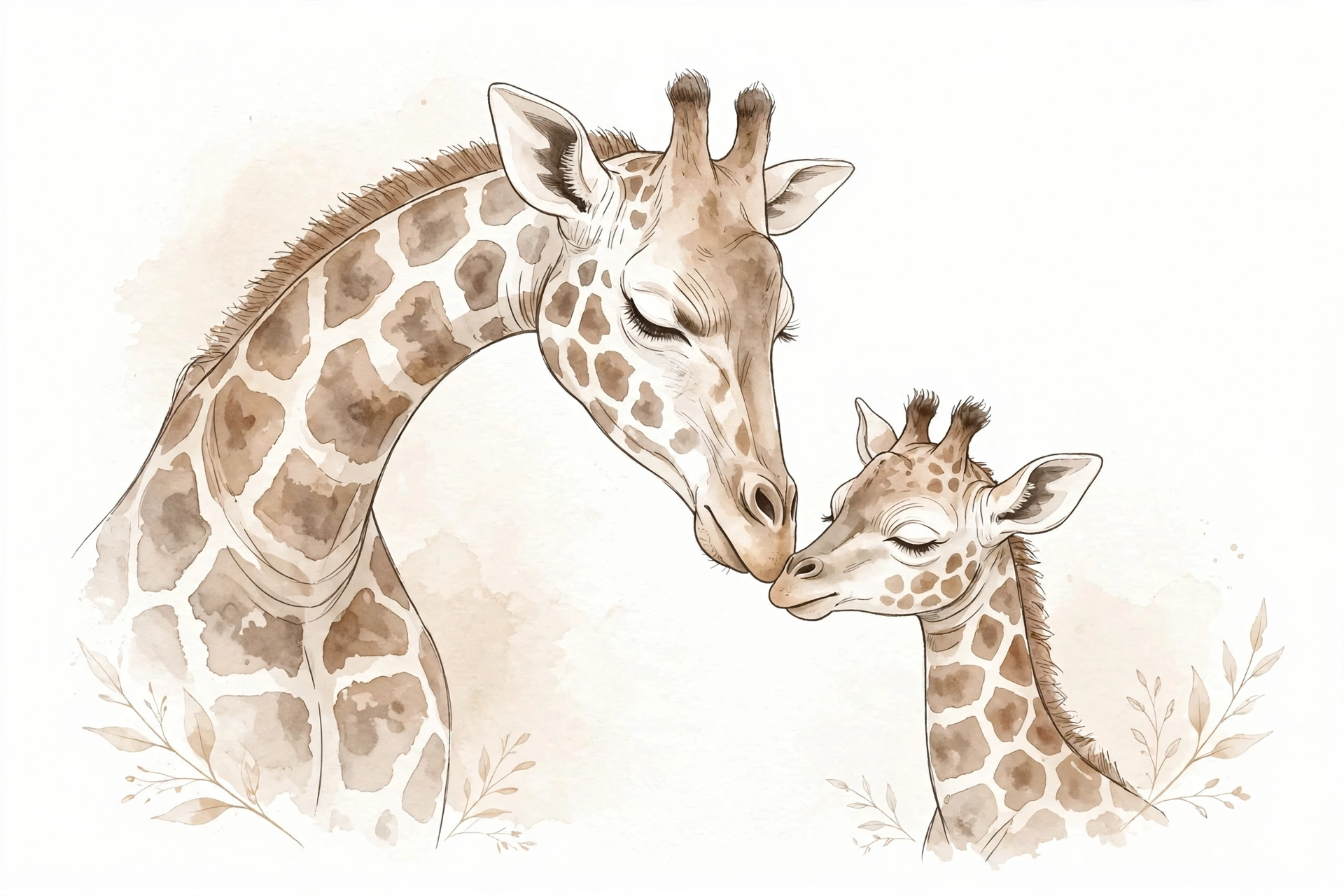 Mother giraffe nuzzling baby giraffe - tender moment